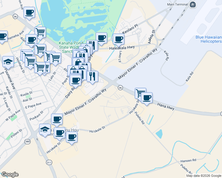 map of restaurants, bars, coffee shops, grocery stores, and more near Airport Road in Kahului