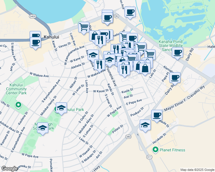 map of restaurants, bars, coffee shops, grocery stores, and more near 328 Kahiki Street in Kahului