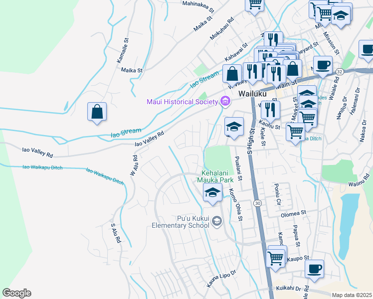 map of restaurants, bars, coffee shops, grocery stores, and more near 85 Hoolaau Street in Wailuku
