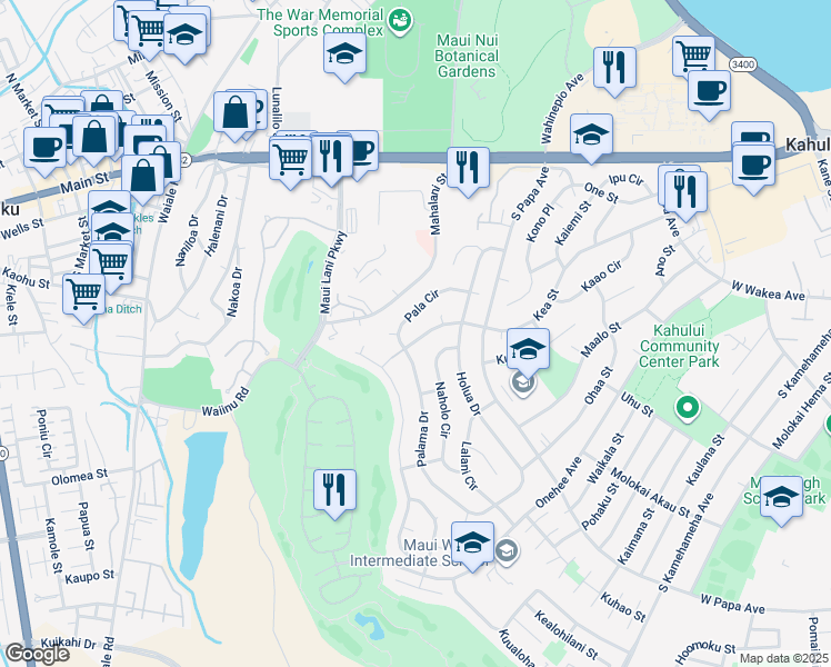 map of restaurants, bars, coffee shops, grocery stores, and more near 760 Kea Street in Kahului