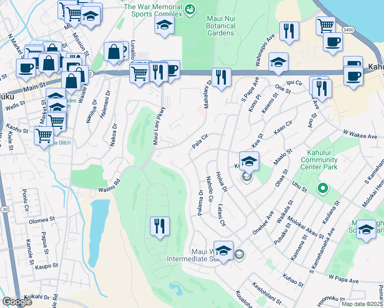 map of restaurants, bars, coffee shops, grocery stores, and more near 815 Pala Circle in Kahului