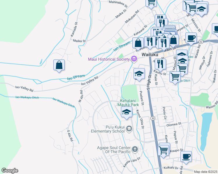 map of restaurants, bars, coffee shops, grocery stores, and more near 93 Hoolaau Street in Wailuku