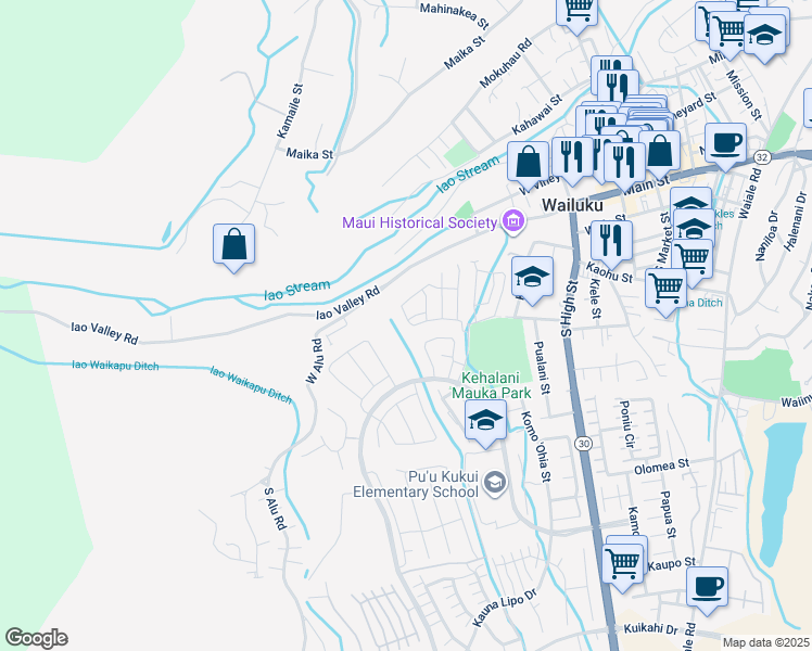 map of restaurants, bars, coffee shops, grocery stores, and more near 103 Hoolaau Street in Wailuku