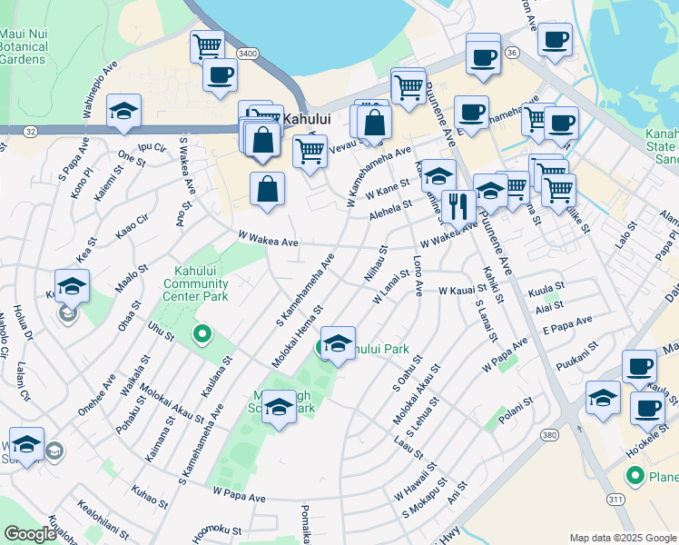 map of restaurants, bars, coffee shops, grocery stores, and more near 259 Moali Street in Kahului