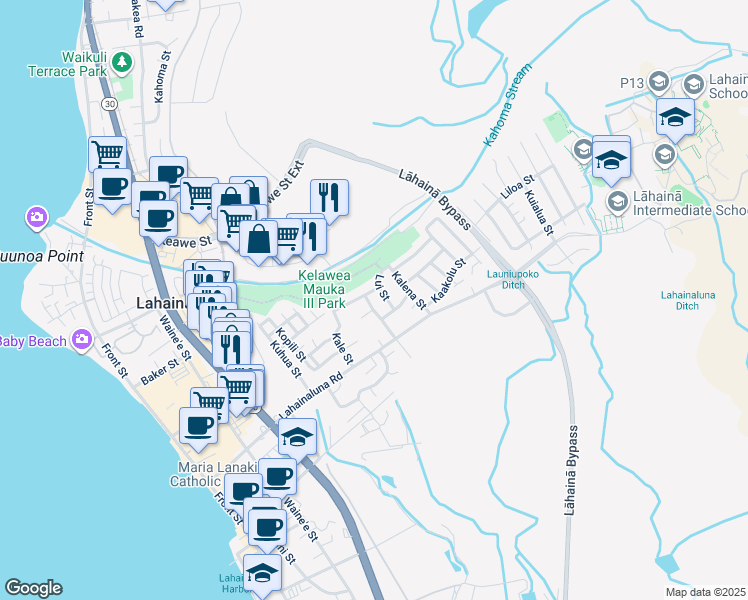 map of restaurants, bars, coffee shops, grocery stores, and more near 864 Kelawea Street in Lahaina