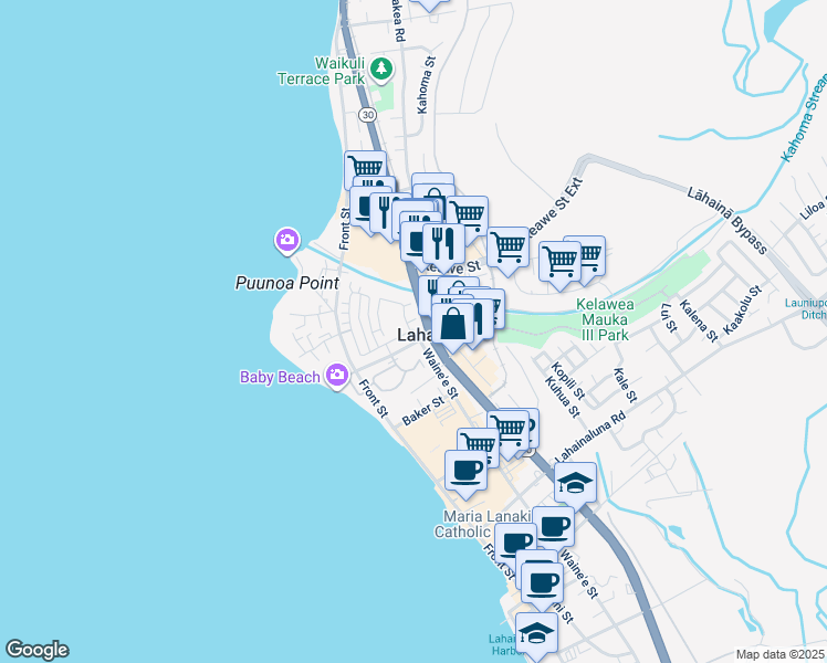 map of restaurants, bars, coffee shops, grocery stores, and more near 238 Kahoma Village Loop in Lahaina