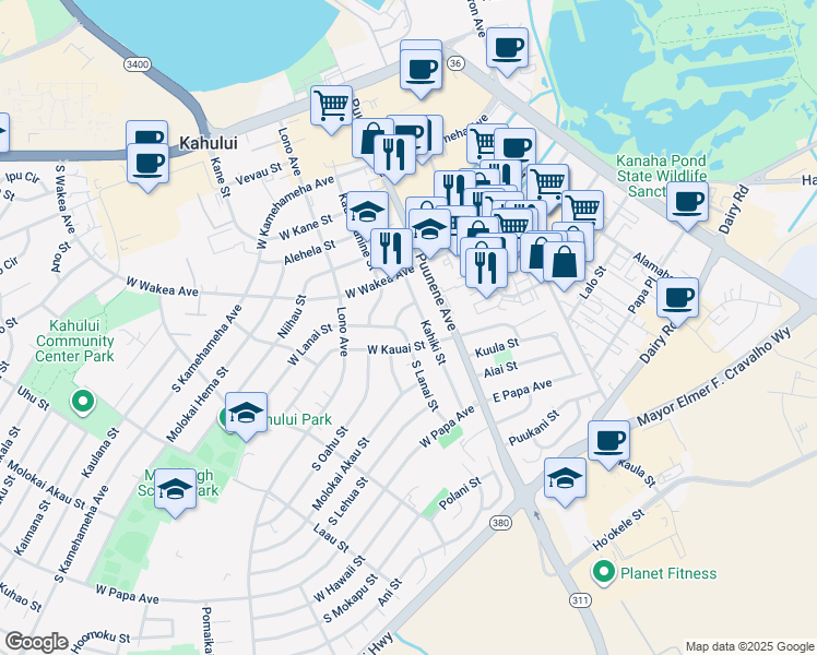 map of restaurants, bars, coffee shops, grocery stores, and more near 321 South Lanai Street in Kahului