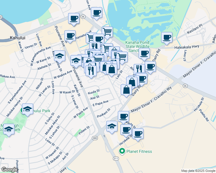 map of restaurants, bars, coffee shops, grocery stores, and more near 119 Kuula Street in Kahului
