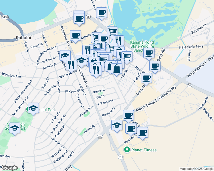 map of restaurants, bars, coffee shops, grocery stores, and more near 106 Kuhuoi Street in Kahului
