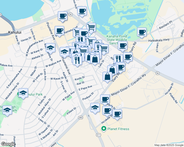 map of restaurants, bars, coffee shops, grocery stores, and more near 119 Kuula Street in Kahului