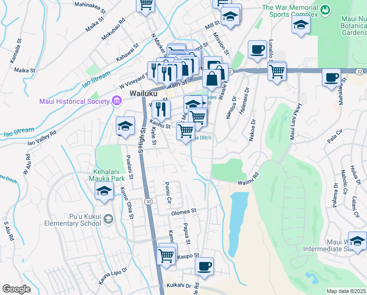 map of restaurants, bars, coffee shops, grocery stores, and more near 1841 Kalawi Place in Wailuku