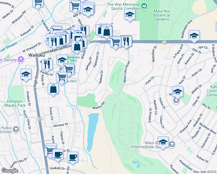 map of restaurants, bars, coffee shops, grocery stores, and more near 157 Keoneloa Street in Wailuku