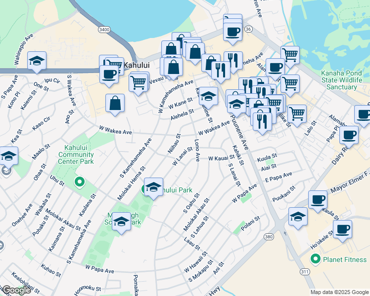 map of restaurants, bars, coffee shops, grocery stores, and more near 180 West Lanai Street in Kahului