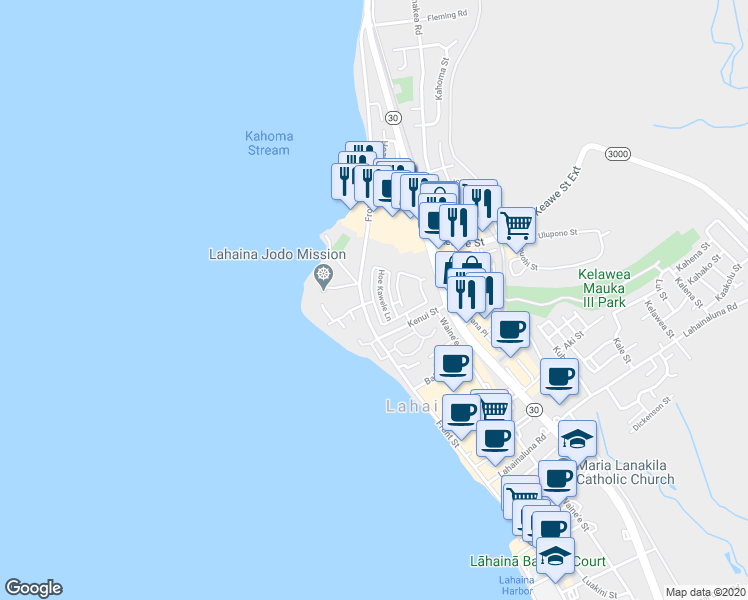 map of restaurants, bars, coffee shops, grocery stores, and more near 1199 Front Street in Lahaina