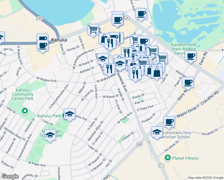 map of restaurants, bars, coffee shops, grocery stores, and more near 51 Molokini Street in Kahului