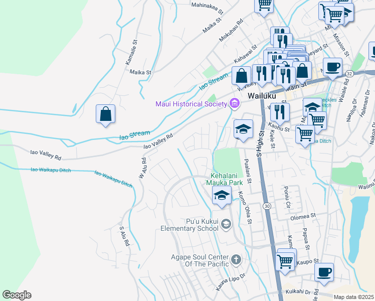 map of restaurants, bars, coffee shops, grocery stores, and more near 94 Hoolaau Street in Wailuku