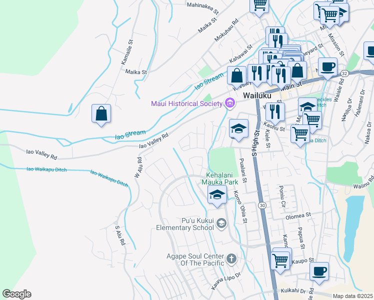 map of restaurants, bars, coffee shops, grocery stores, and more near 94 Hoolaau Street in Wailuku