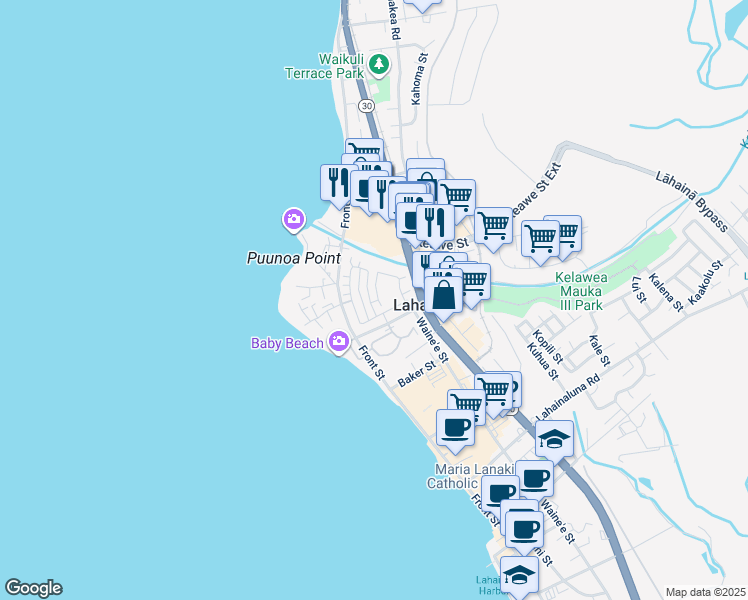 map of restaurants, bars, coffee shops, grocery stores, and more near 202 Kahoma Village Loop in Lahaina