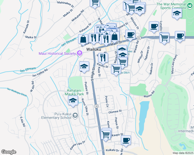 map of restaurants, bars, coffee shops, grocery stores, and more near 2170 Kahookele Street in Wailuku