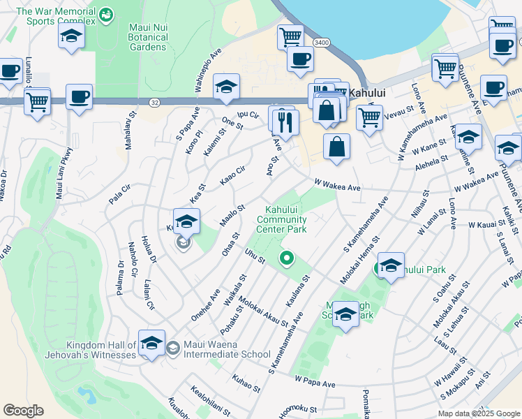 map of restaurants, bars, coffee shops, grocery stores, and more near 469 Maalo Street in Kahului