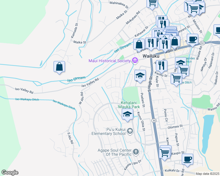 map of restaurants, bars, coffee shops, grocery stores, and more near 93 Hoolaau Street in Wailuku