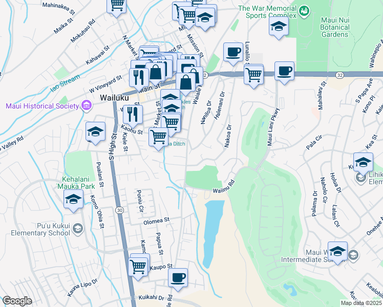 map of restaurants, bars, coffee shops, grocery stores, and more near 372 Naniloa Drive in Wailuku