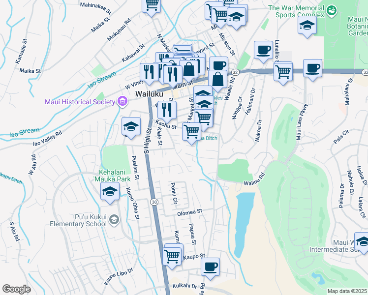 map of restaurants, bars, coffee shops, grocery stores, and more near 1686 Kalawi Place in Wailuku