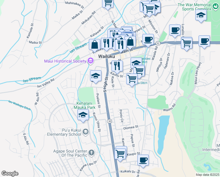map of restaurants, bars, coffee shops, grocery stores, and more near 2170 Kahookele Street in Wailuku