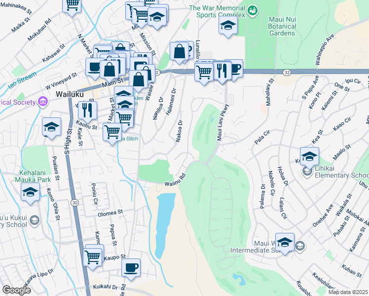 map of restaurants, bars, coffee shops, grocery stores, and more near 156 Keoneloa Street in Wailuku