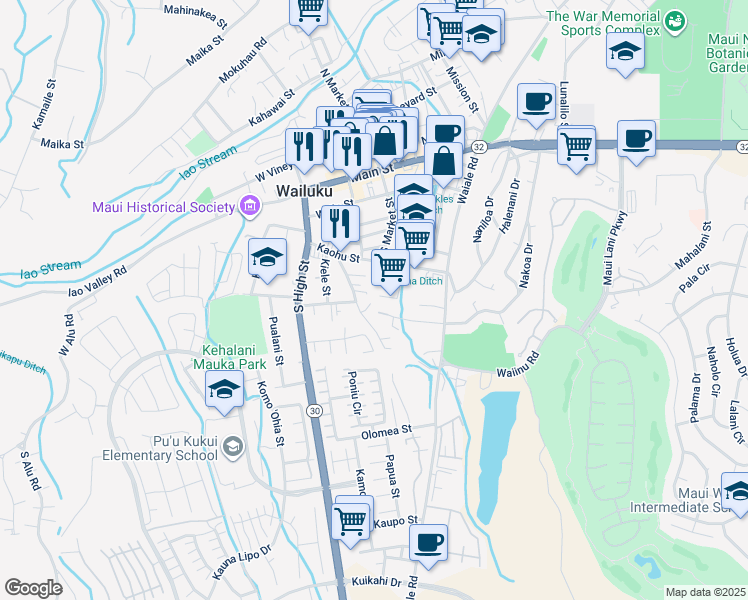 map of restaurants, bars, coffee shops, grocery stores, and more near 1686 Kalawi Place in Wailuku
