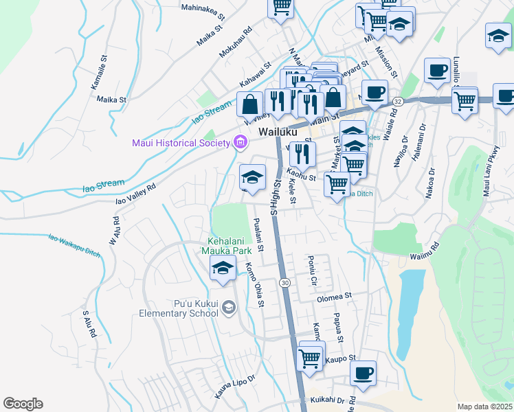 map of restaurants, bars, coffee shops, grocery stores, and more near 2237 Malako Street in Wailuku