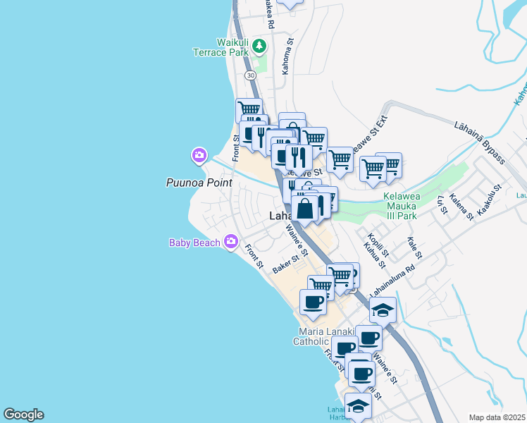 map of restaurants, bars, coffee shops, grocery stores, and more near 287 Kahoma Village Loop in Lahaina