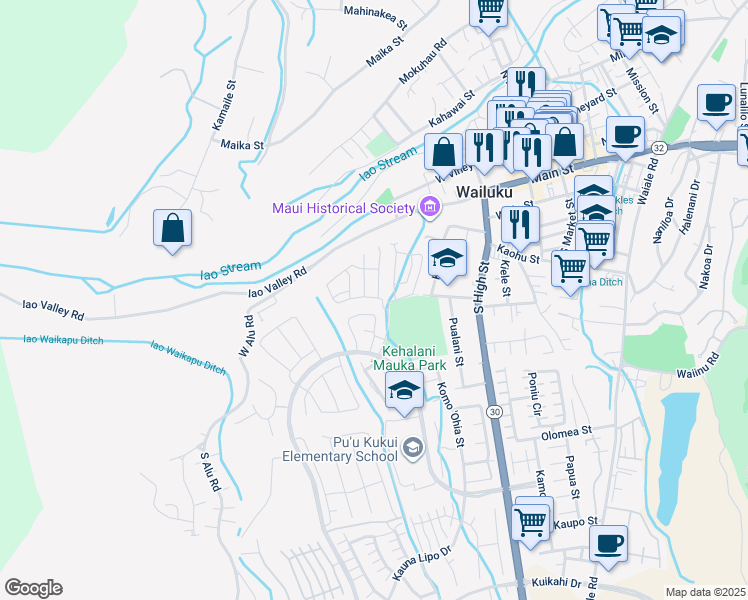 map of restaurants, bars, coffee shops, grocery stores, and more near 65 Hoolaau Street in Wailuku