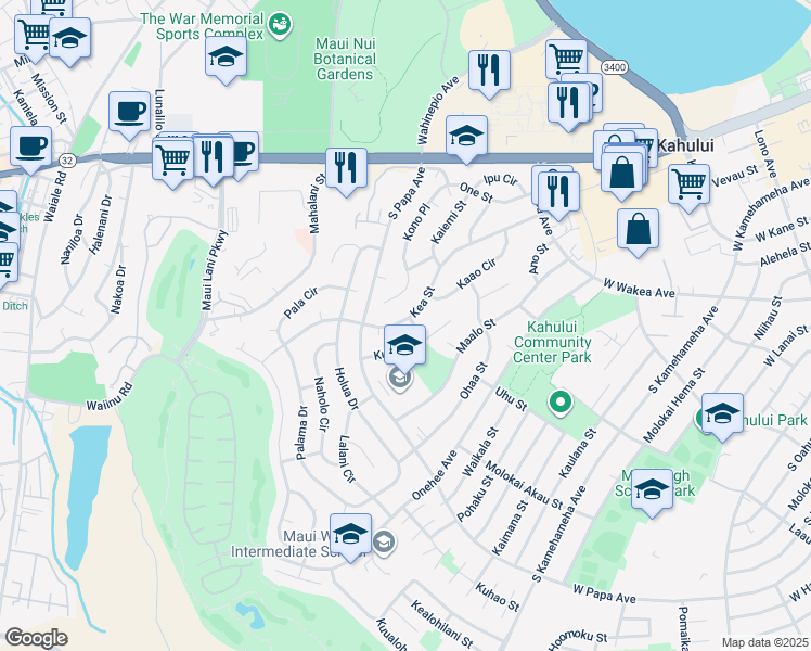 map of restaurants, bars, coffee shops, grocery stores, and more near 116 Hone Street in Kahului