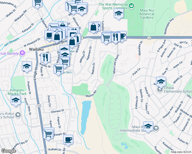 map of restaurants, bars, coffee shops, grocery stores, and more near 156 Keoneloa Street in Wailuku