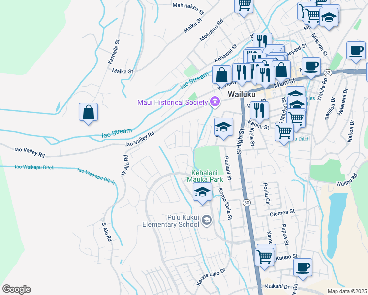 map of restaurants, bars, coffee shops, grocery stores, and more near 85 Hoolaau Street in Wailuku