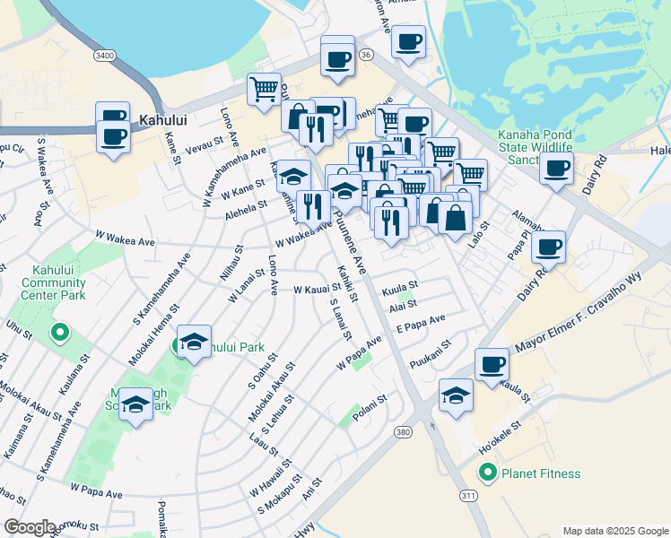 map of restaurants, bars, coffee shops, grocery stores, and more near 322 Kahiki Street in Kahului