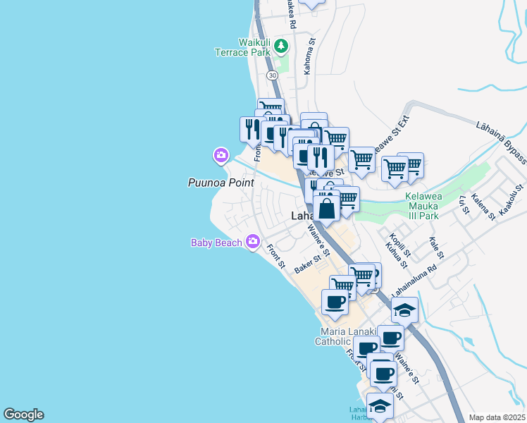 map of restaurants, bars, coffee shops, grocery stores, and more near 625 Hoe Kawele Lane in Lahaina
