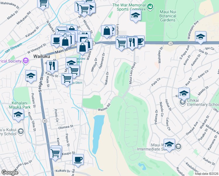 map of restaurants, bars, coffee shops, grocery stores, and more near 156 Keoneloa Street in Wailuku