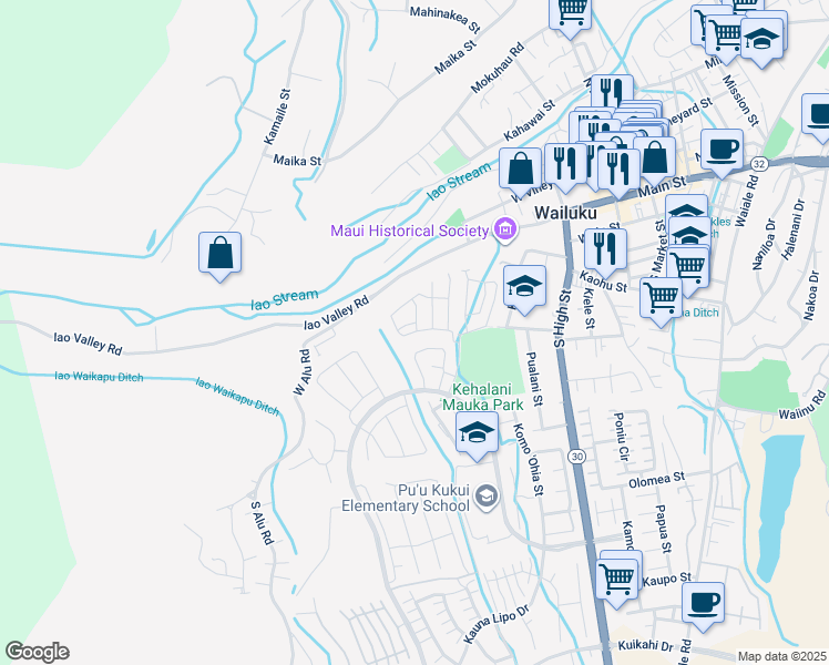 map of restaurants, bars, coffee shops, grocery stores, and more near 89 Hoolaau Street in Wailuku