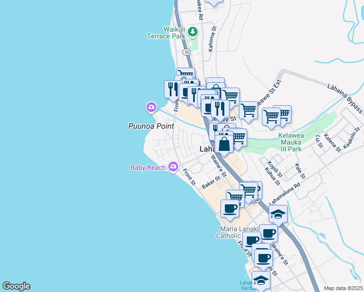 map of restaurants, bars, coffee shops, grocery stores, and more near 601 Hoe Kawele Lane in Lahaina