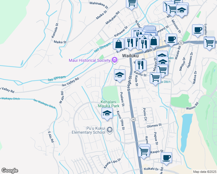 map of restaurants, bars, coffee shops, grocery stores, and more near 211 Lau Oliwa Loop in Wailuku