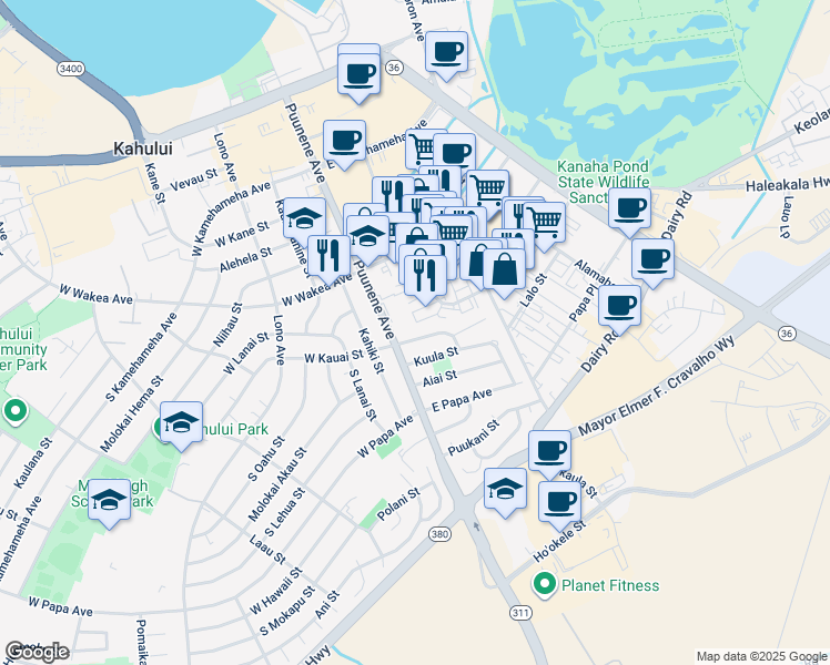 map of restaurants, bars, coffee shops, grocery stores, and more near 31 East Kauai Street in Kahului