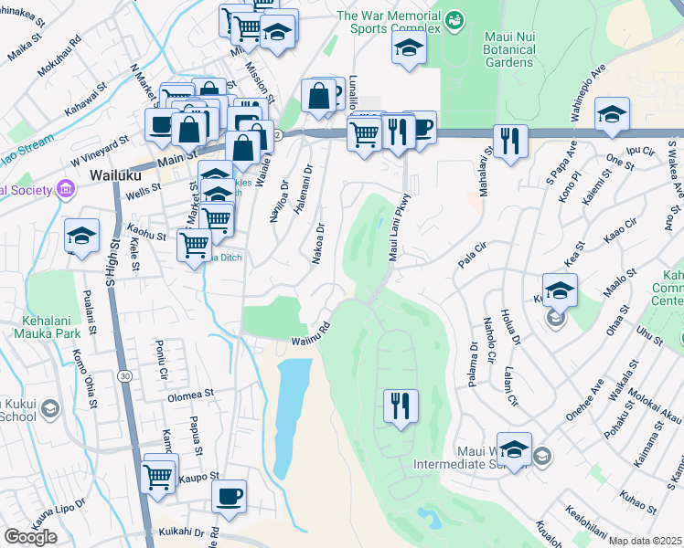 map of restaurants, bars, coffee shops, grocery stores, and more near 157 Keoneloa Street in Wailuku
