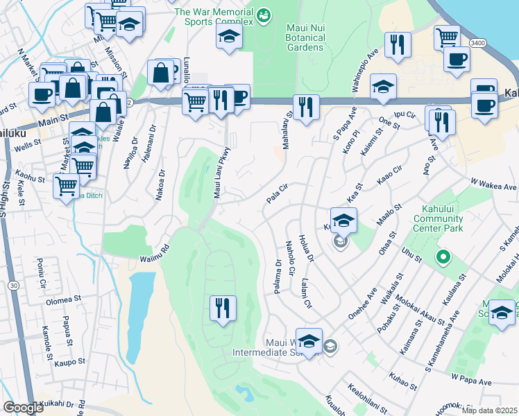 map of restaurants, bars, coffee shops, grocery stores, and more near 812 Pala Circle in Kahului