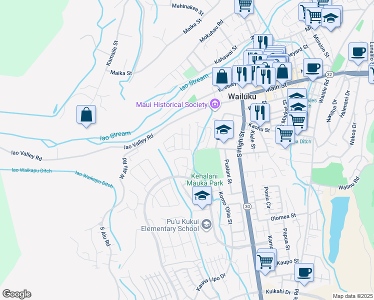map of restaurants, bars, coffee shops, grocery stores, and more near 69 Hoolaau Street in Wailuku