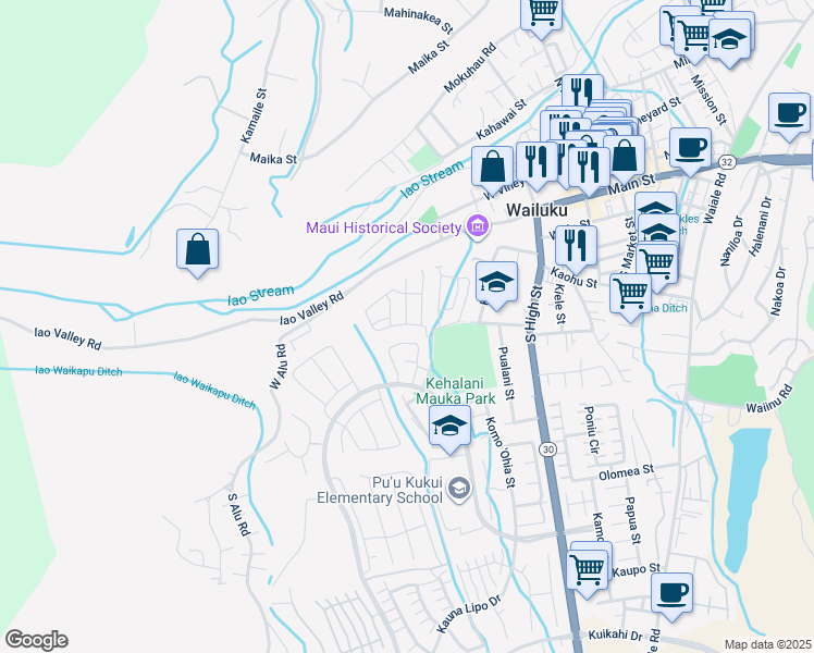 map of restaurants, bars, coffee shops, grocery stores, and more near 79 Hoolaau Street in Wailuku