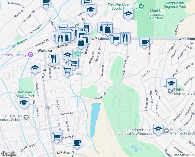 map of restaurants, bars, coffee shops, grocery stores, and more near 267 Nakoa Drive in Wailuku