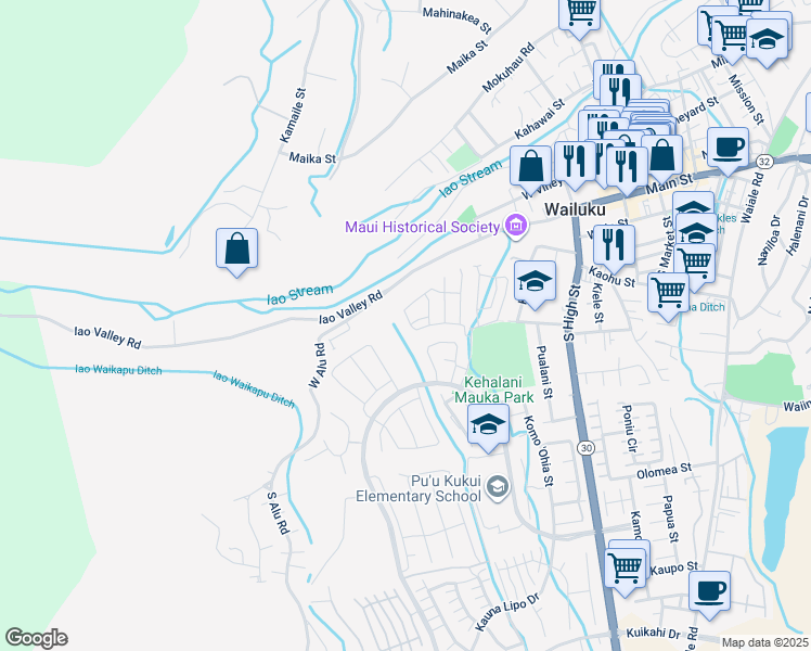 map of restaurants, bars, coffee shops, grocery stores, and more near 111 Hoolaau Street in Wailuku