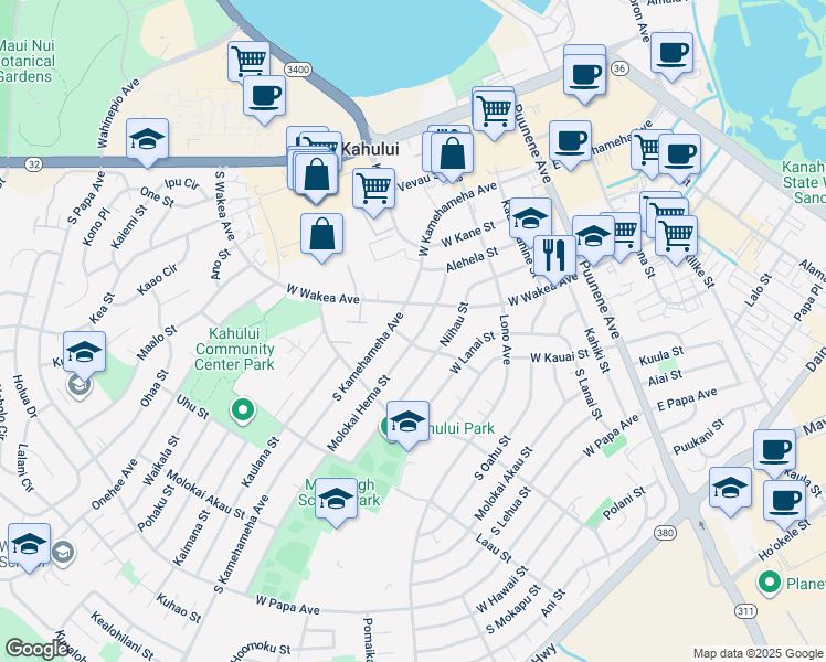 map of restaurants, bars, coffee shops, grocery stores, and more near 274 Molokai Hema Street in Kahului